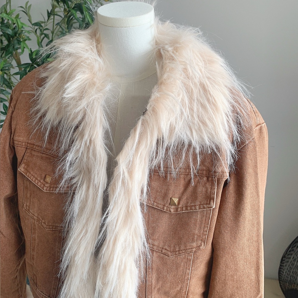 Brown Denim Faux Shearling Fur Trim Jacket Coat M NWT - Picture 2 of 6